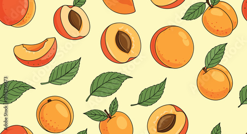 Seamless pattern of fresh ripe apricots with green leaves and fruit halves perfect for summer food design and organic wallpaper.