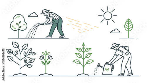 Simple line icons illustrate minimal plant care with people watering plants and a sun