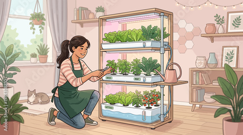 Woman caring for plants in greenhouse.
