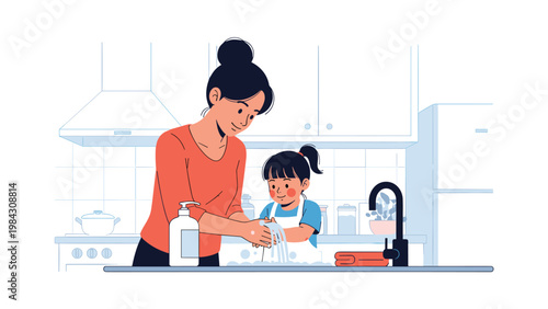 Caring mother teaches her young daughter the importance of hygiene by helping her wash her hands thoroughly at a modern kitchen sink with soap.