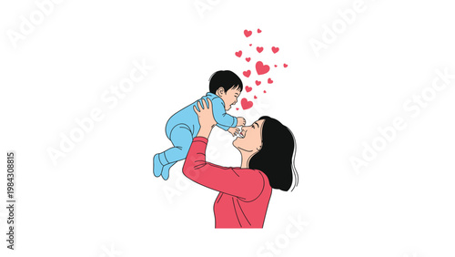 Loving mother lifts her happy baby high into the air as pink hearts float around them, capturing a precious moment of pure parental affection.