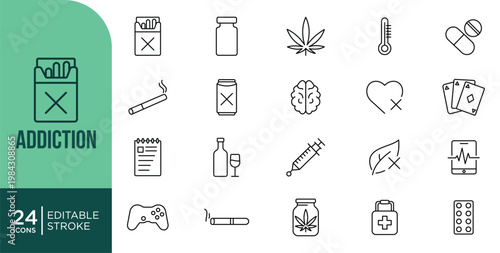 Addiction Icons Set Design. Substance Abuse, Recovery and Health Editable Stroke Vector Outline Symbols