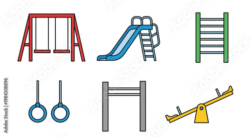 A colorful illustration depicts various playground equipment including swings a slide climbing frames and a seesaw silhouette high quality professional detailed modern elegant stylish