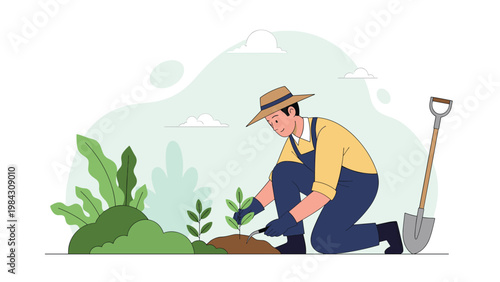Diligent gardener wearing a straw hat and overalls kneels on the ground to carefully plant a young seedling in the fertile soil of a garden.