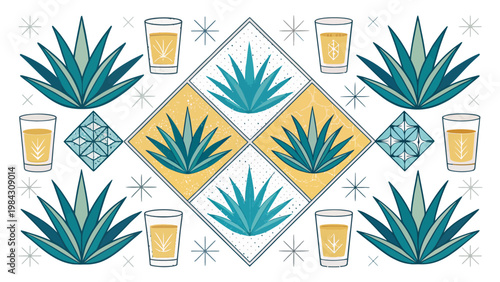 Tequila packaging design with agave plants and glasses on geometric background for beverage branding