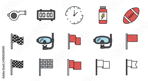 Collection of various sports and competition related icons including flags, diving masks, a whistle, stopwatch, and a rugby ball.