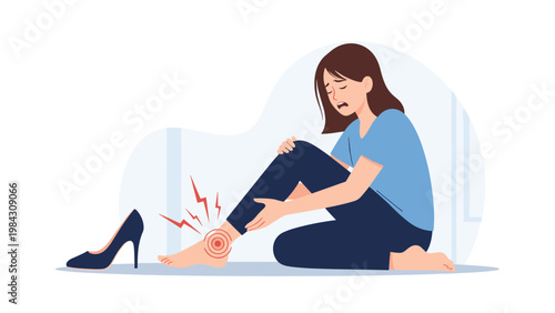 Young woman sits on the floor in distress while clutching her painful ankle, with her discarded high heel shoe resting on the ground next to her.