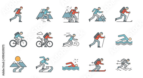 Collection of line art icons depicting various outdoor sports and adventure activities like running, cycling, hiking, swimming, and skiing.