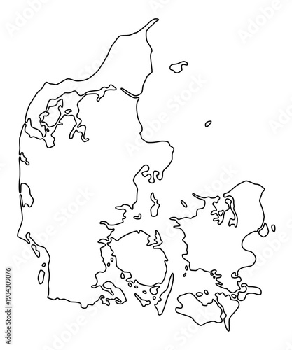 Vector map of Denmark, a country in Northern Europe. Detailed black contour, isolated on white background.