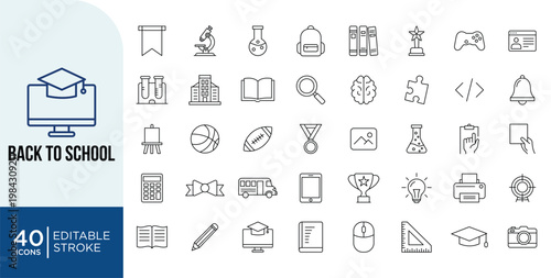 Back to School Icons Set. Education, Learning and Student, Learning and Study, Knowledge Editable Stroke Vector Outline Symbols