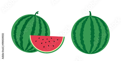 Whole Watermelon And Watermelon Slices Set.
Summer Fresh Watermelon Fruit Flat Vector Illustration set.
White Background.