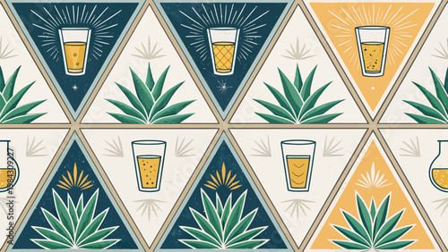 Geometric tequila packaging pattern with agave leaves and glasses of tequila in triangular shapes