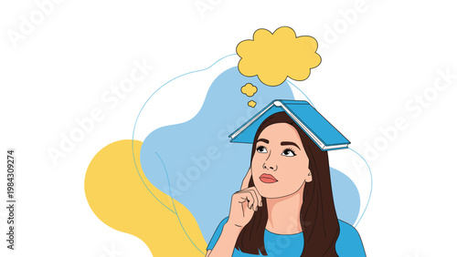 Pensive young woman balances an open blue book on her head while looking up thoughtfully toward a yellow thought bubble floating above her.