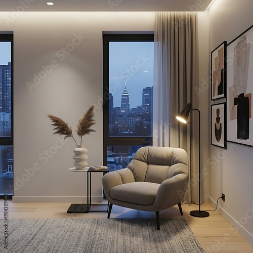 Modern Living Room Interior with City View and Cozy Armchair.