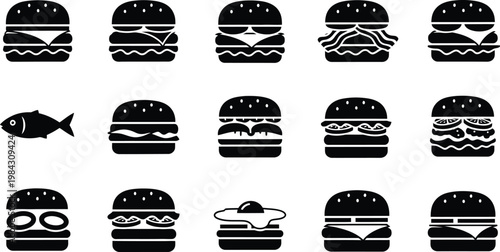 Silhouette icon collection of diverse burger types sandwiches fish patties and breakfast egg options
