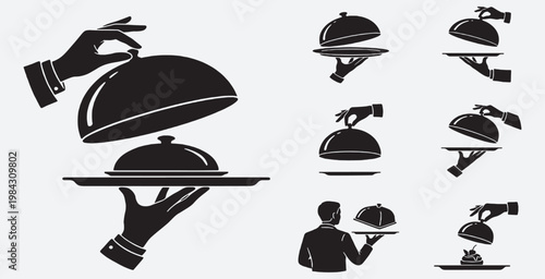 Set of icons depicting hands serving food under cloches on trays, representing catering and restaurant service.