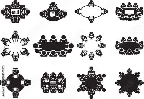 Business Meeting Icon, Team Collaboration of Six People Around Table Brainstorming Creative Projects, Top View Conference Session Flat Vector Illustration