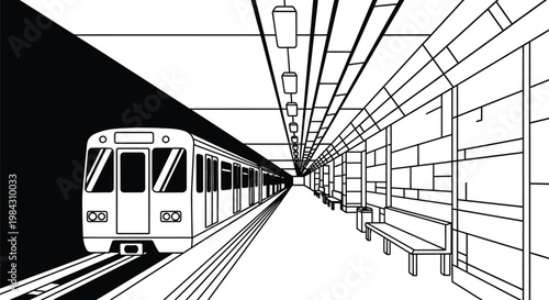 A stark black and white illustration depicts a subway train arriving at a station platform emphasizing linear perspectives and a dramatic silhouette high quality