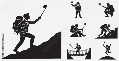 Silhouette collection of hikers taking selfies on mountains and bridges.