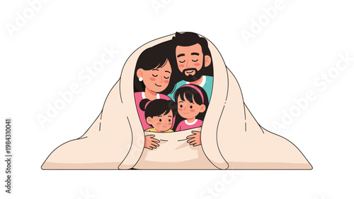 Happy family of four, including a mother, father, and two young daughters, huddles together warmly under a large beige blanket for comfort.