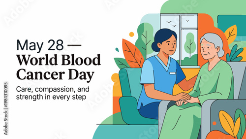 Illustration for World Blood Cancer Day showing a compassionate caregiver comforting an elderly patient, emphasizing care and support.