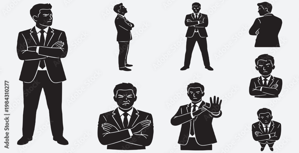 Obraz premium Collection of Silhouette Businessmen Poses and Gestures in Black and White.
