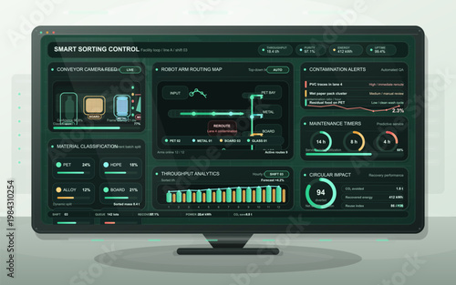Smart recycling sorting control dashboard with conveyor camera, robot arm routing and contamination analytics