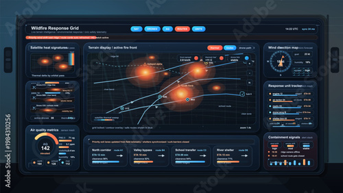 Wildfire response dashboard with active fire front map, satellite heat signatures, air quality and emergency unit tracking