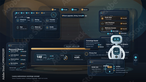 Luxury hotel concierge robot dashboard interface with multilingual guest services, room transfer and hospitality panels