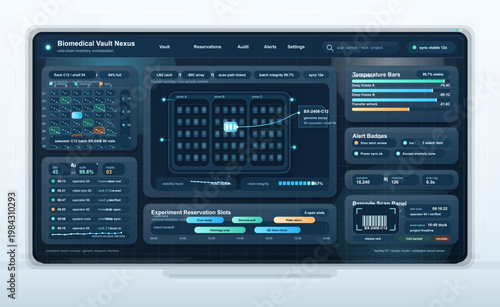 Biomedical cold-chain inventory dashboard with cryogenic vault map, temperature bars, barcode scan, and audit log