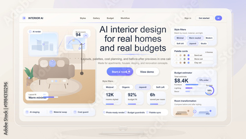 AI interior design dashboard interface on desktop screen with room styling, budget planner, palette cards, and filters