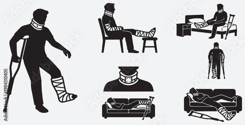 Set of icons depicting people with injuries, casts, crutches, and neck braces, illustrating recovery and medical conditions.