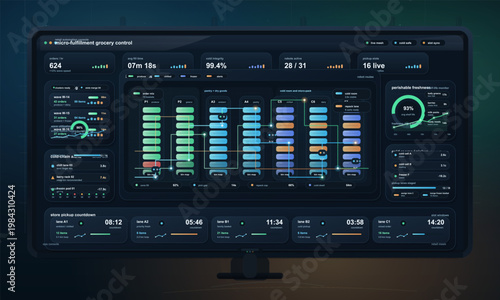 Micro-fulfillment grocery control dashboard interface with warehouse robotics, cold chain monitoring, and pickup analytics