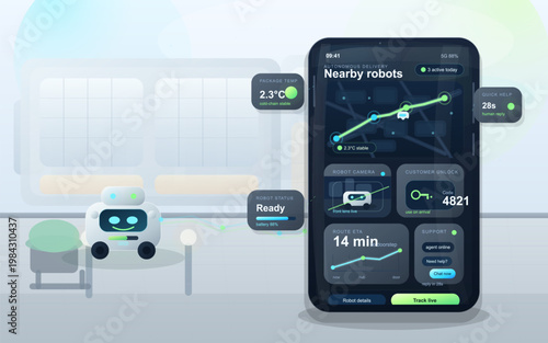 Autonomous delivery robot mobile app interface with live tracking, package temperature, and customer unlock code