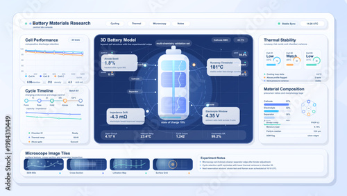 Battery materials research dashboard interface with 3D cell model, thermal stability, and microscopy analysis