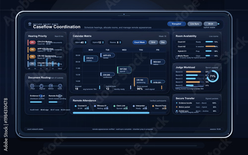 Court caseflow coordination dashboard with hearing calendar, room availability, remote attendance, and secure transfer