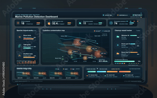 Marine pollution detection dashboard interface with coastline contamination map, cleanup tracking, and ecosystem alerts