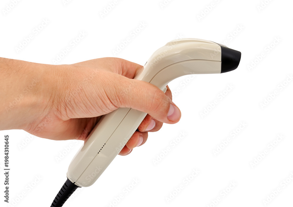 Fototapeta premium Hand holding barcode scanner isolated on transparent background