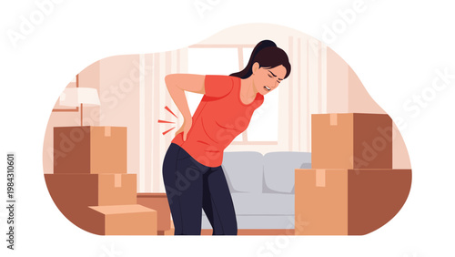 Young woman standing in a living room and touching her lower back with a painful expression representing back pain and spinal health issues.
