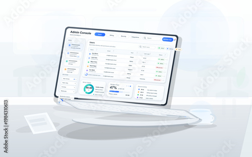 Tablet with admin console dashboard on desk in modern office, SaaS user management interface illustration