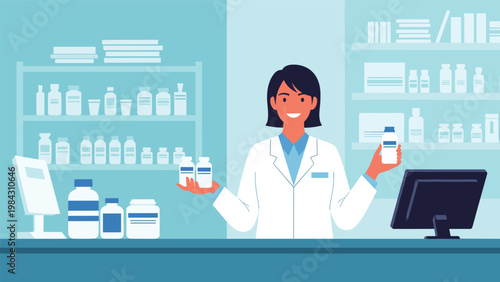 Friendly female pharmacist in a white coat standing in a pharmacy and holding medicine bottles to provide health advice and professional service.
