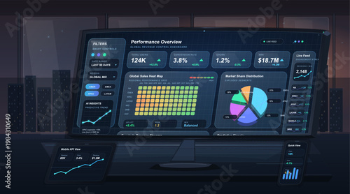 Business analytics dashboard on desktop monitor with heat map, market share chart, and connected mobile KPI screens