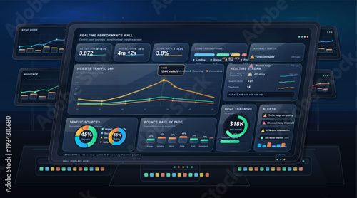 Real-time performance analytics dashboard wall with website traffic, conversion funnel, alerts, and goal tracking