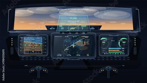 Passenger jet cockpit interface with flight instruments, navigation display, engine systems, and golden hour sky view