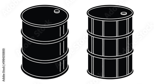 Two black oil drums are depicted in a stark silhouette