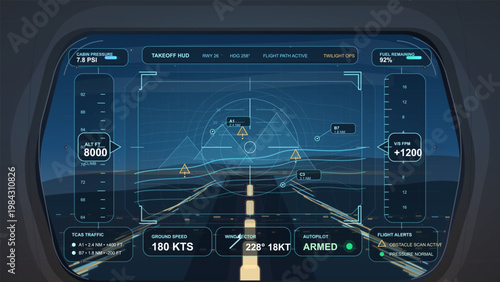 Futuristic aircraft cockpit head-up display with takeoff HUD, runway guidance, flight path and aviation telemetry