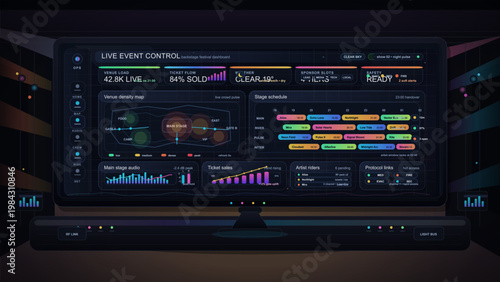 Live event control dashboard with venue density map, stage schedule, ticket sales, and festival operations panels