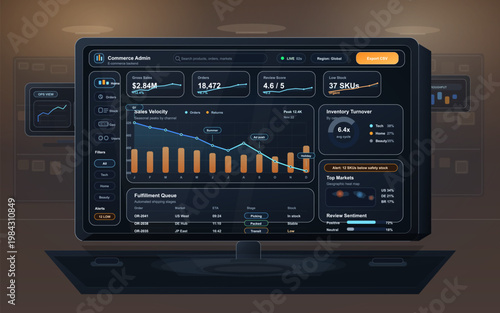 E-commerce admin dashboard on desktop monitor with sales velocity, inventory turnover and fulfillment queue