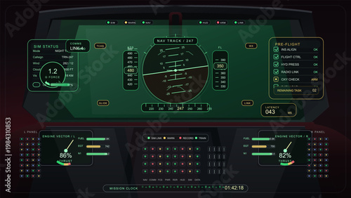 Aircraft simulator cockpit interface with navigation HUD, pre-flight checklist, engine vectors, and mission control panel