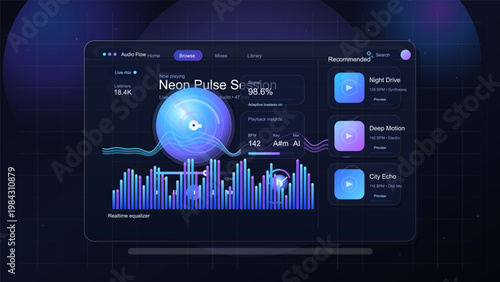 Futuristic music streaming dashboard interface with audio visualizer, equalizer bars and recommended tracks
